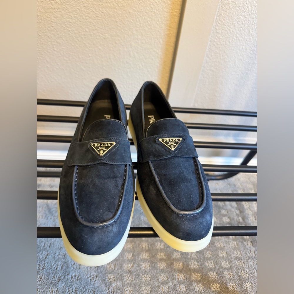 Prada Navy Suede Slip-On Loafers with Cream Platform Soles - Picture 2 of 7